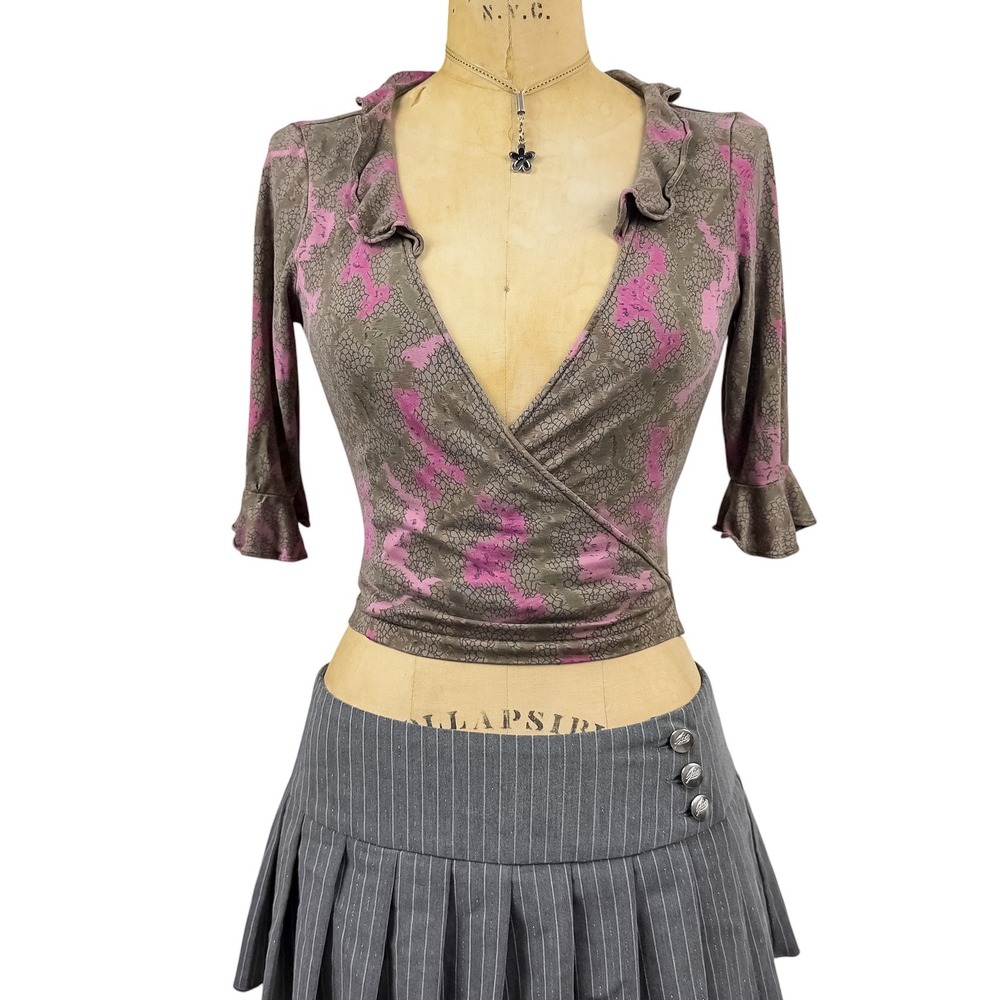 Diane von Furstenberg 100% Silk Wrap Top Ruffle Trim Floral Brown Vintage S - Picture 2 of 12